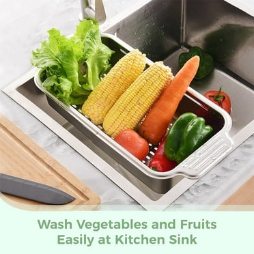 Over the Sink Colander Strainer Basket Stainless Steel Retractable Kitchen Sink Basket -Wash Vegetables and Fruits, Drain Pasta and Dry Dishes,Extendable