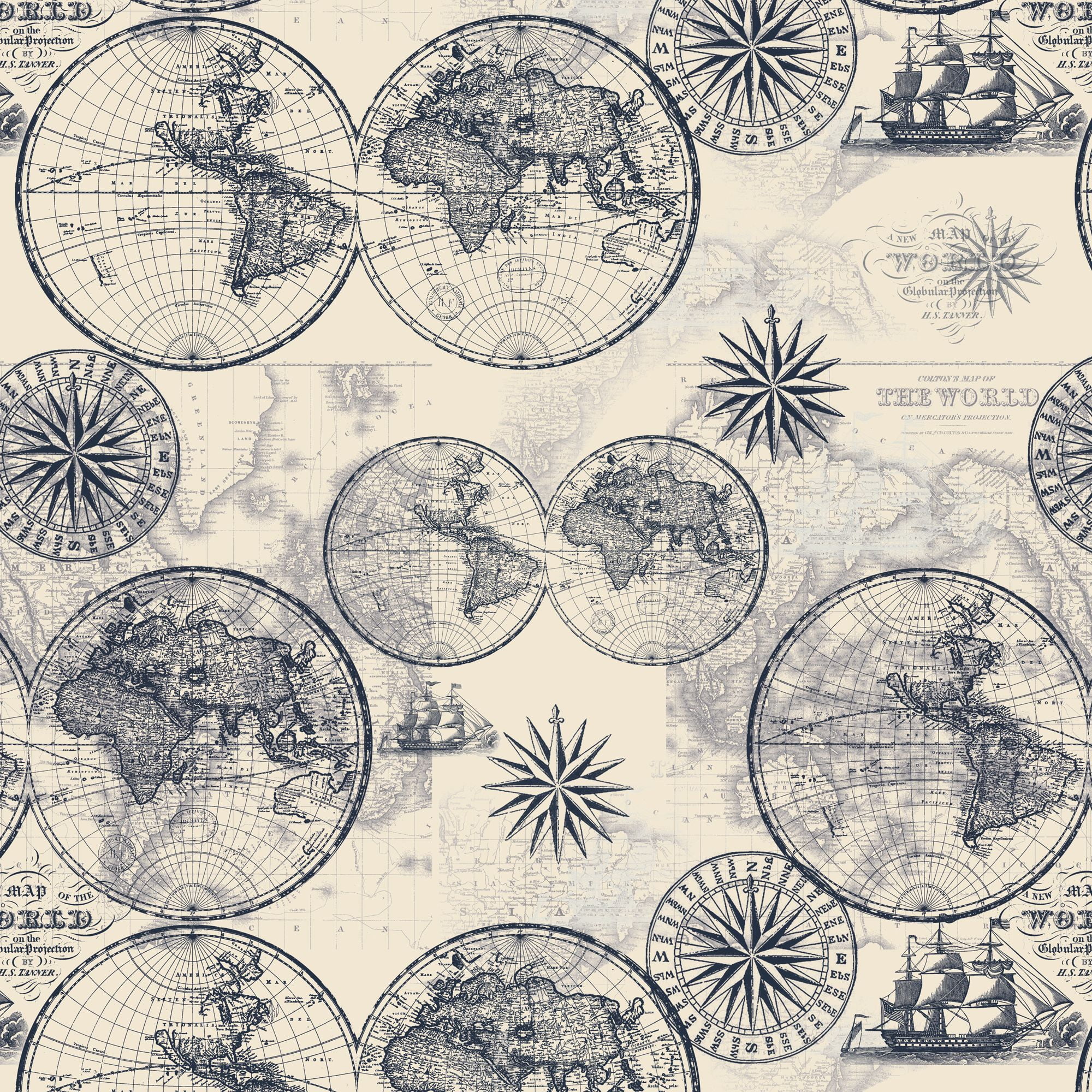 David Textiles 44' Cotton Ocean Maps Fabric by the Yard, Multi