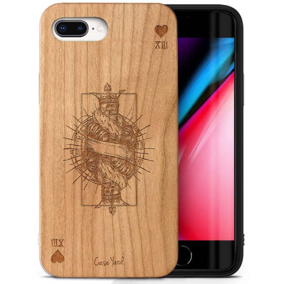 Case Yard Wooden Case Outside Soft TPU Silicone, Slim Fit Shockproof Wood Protective Phone Cover for Girls Boys Men and Women, Supports Wireless Charging King of Hearts Design case for iPhone-8-Plus