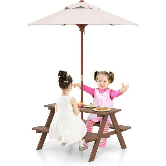 GLACER Kids Picnic Table, Toddler Table and Chair Set with Umbrella, Wooden Activity Table with Benches, Dining Table for Indoor, Kids Outdoor Table for Patio Garden Backyard, Gift for Boys Girls