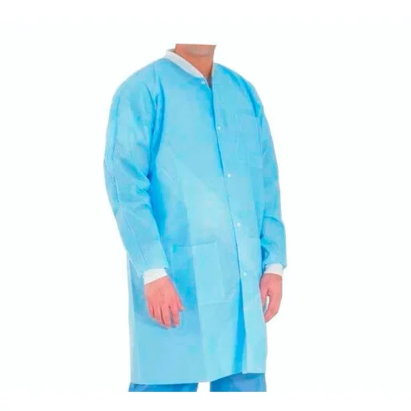 Winner SMS Disposable Lab Coat Unisex Knit Cuffs Collar Knee-Length 3 Pockets Blue Small 10 Pack