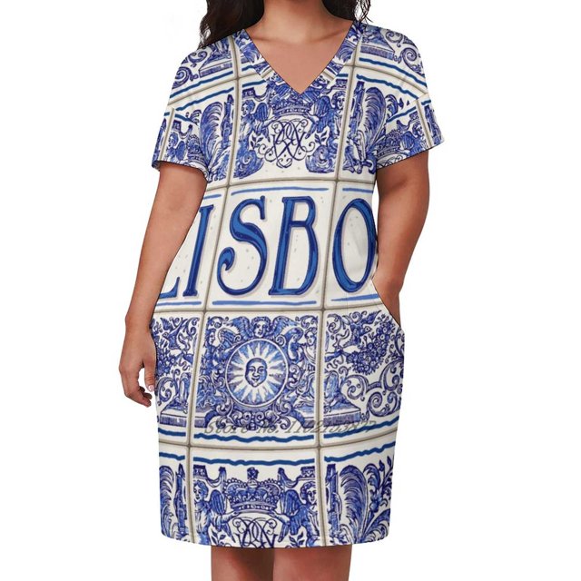 Robe Ample à Poches pour l'Été, Col en V, Imprimé, Manches Courtes
