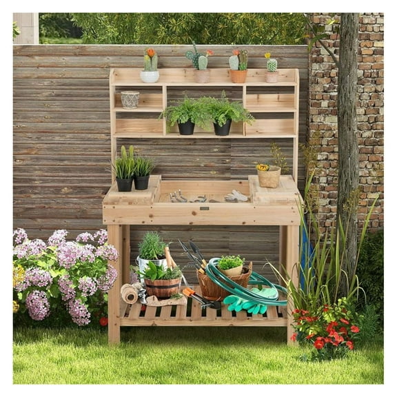 Garden Potting Bench Table with Display Rack & Sink - Outdoor Workstation for Plants, Tools & Gardening - Fir Wood - 43.5" x 19.5" x 60.5"