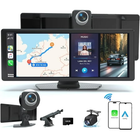 10.26" Wireless Apple CarPlay & Android Auto Screen for Car with 4K Dash Cam, 1080p Backup Camera, Bluetooth, GPS Navigation,...