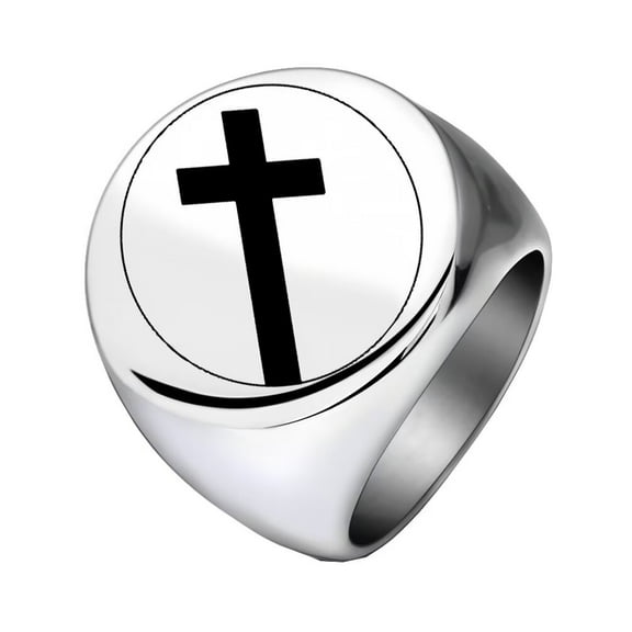 PAMTIER Men's Stainless Steel Round High Polished Religious Prayer Cross Ring Silver Size 11