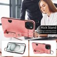 thumbnail image 5 of for iPhone 15 Wallet Case with Card Holder, Hand Wrist Strap Loop Holder Kickstand, Finger Grip Ring Buckle PU Leather Double Buttons Shockproof Cover for iPhone 15, Pink, 5 of 10