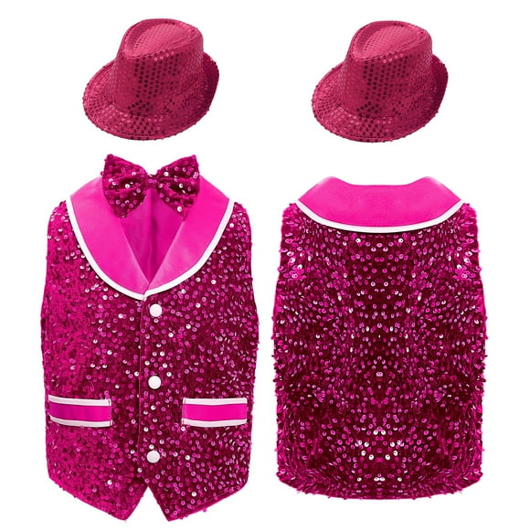 Doomiva Gilet de Danse pour Enfants Garçons Filles Fête Scène Performance Hip-Hop Jazz et Chapeau Nœud Papillon Rose Vif 16