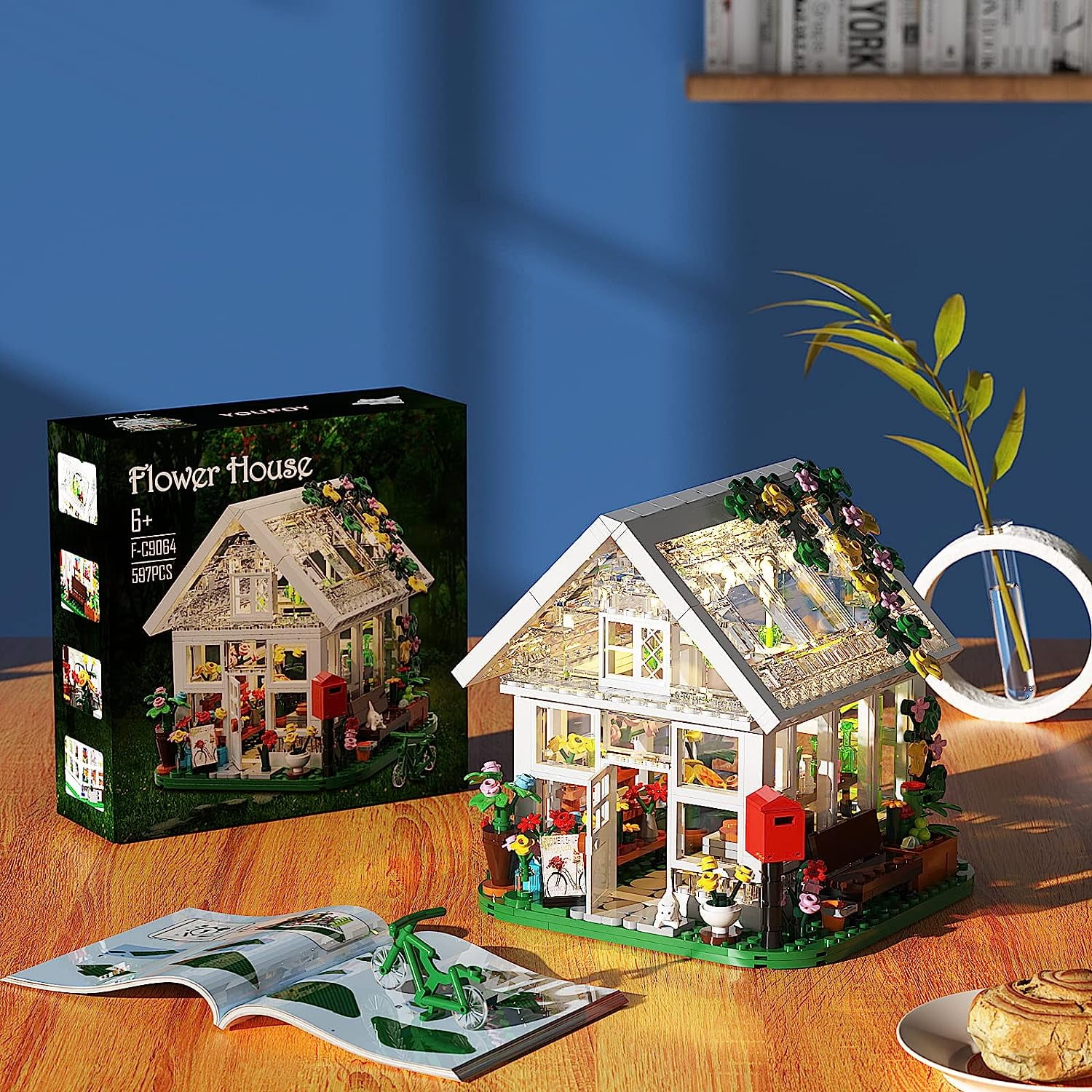 Flower House Building Set Garden House Building Toy with LED Light Build a Greenhouse Model Graduation Gift for Friends Girls (597pcs)