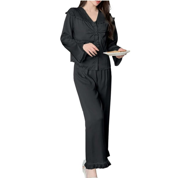 hoksml Womens Silk Pajamas Set Fashion V-Neck Lace Trim Long Sleeve Top and Pant Pjs 2 Piece Casual Lingerie Nightwear Underwear Sleepwear Set
