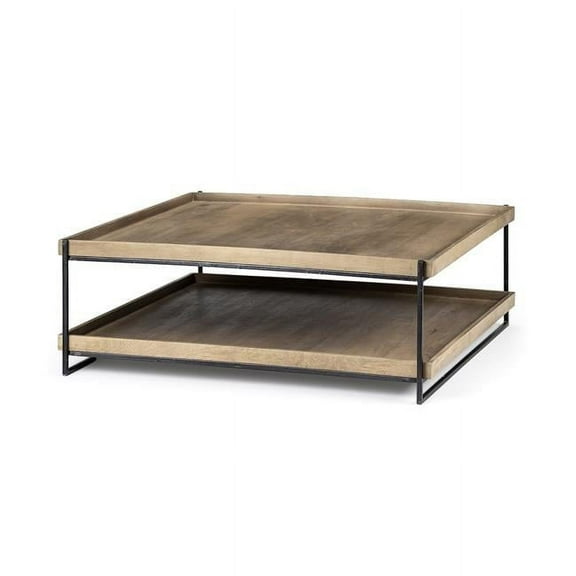 Rectangular Solid Wood Top Table & Metal Frame Two Tier Coffee Table, Black