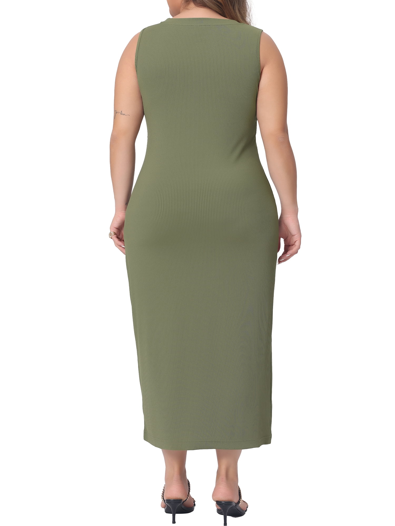 Unique Bargains Women's Plus Size Elegant Knit Slit Tank Midi Ruched Bodycon Dresses 2X Army Green