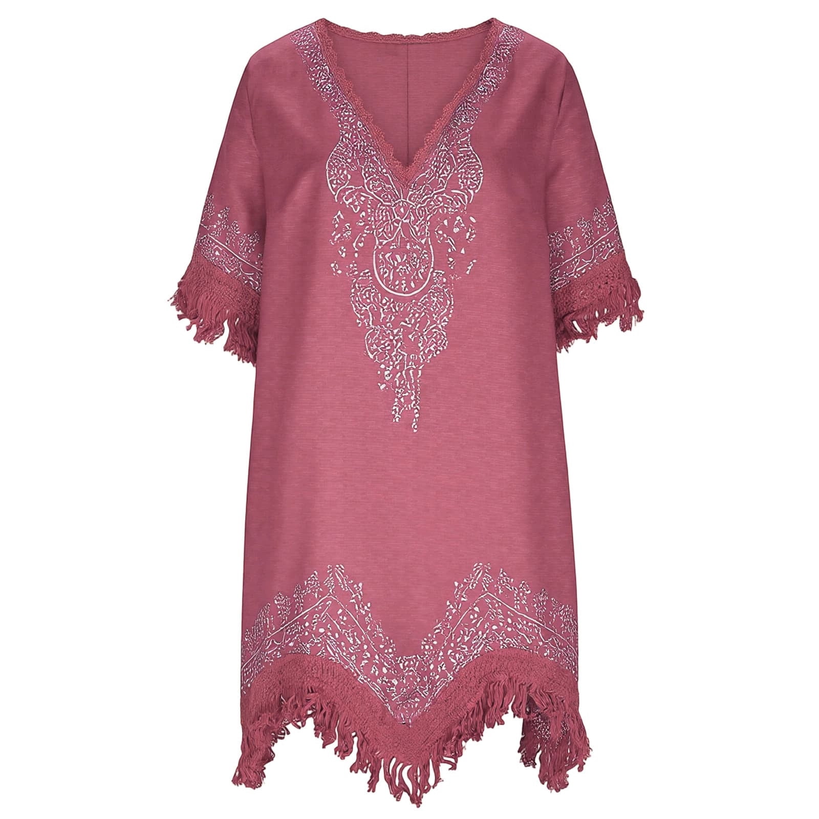 Women's Boho Summer Embroidered Linen Mini Dress, Loose V Neck Short Sleeve Casual Beach Coverups Tassels Dresses