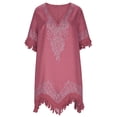 thumbnail image 6 of Women's Boho Summer Embroidered Linen Mini Dress, Loose V Neck Short Sleeve Casual Beach Coverups Tassels Dresses, 6 of 7