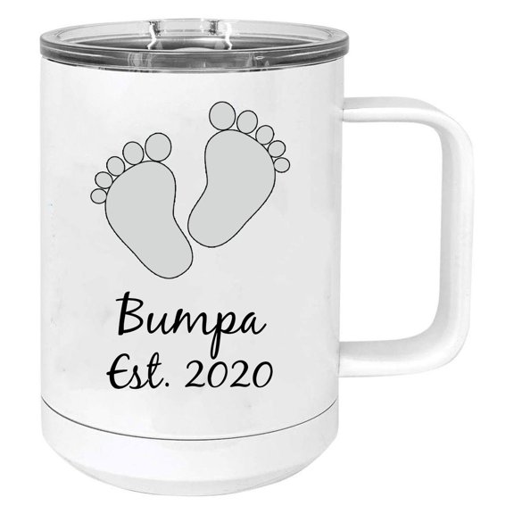 Baby Feet Bumpa Est. Established 2020 Stainless Steel Vacuum Insulated 15 Oz Travel Coffee Mug with Slider Lid, White