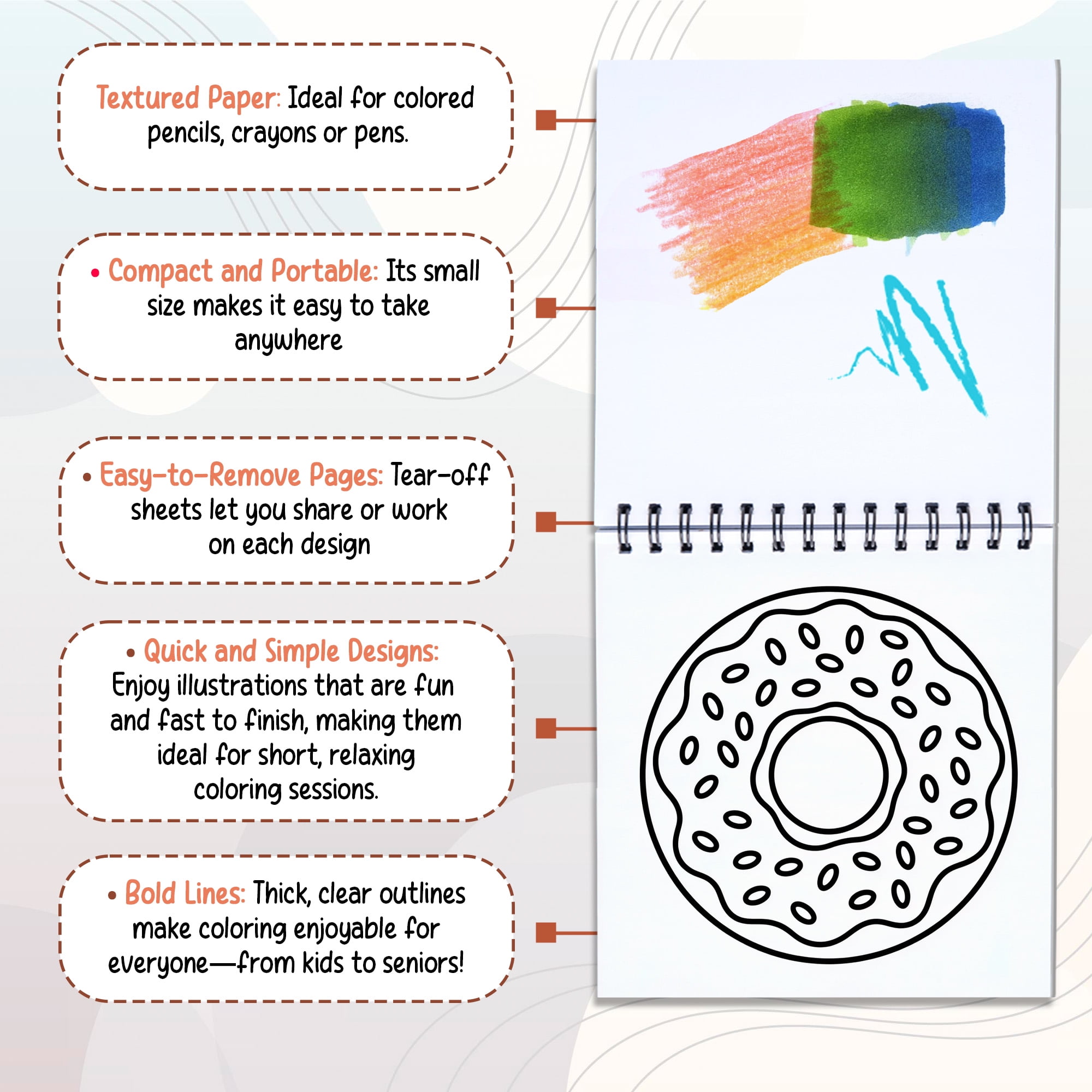 Various Themes Mini Coloring Book Spiral Bound for Adult, Pack 6, 3.5” x 3.5” Pocket Size, 40 Coloring Pages Stress & Anxiety Relief, Travel for Women Men