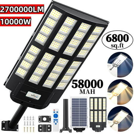 Solar Street Light 10000W, Solar Street Light Dusk to Dawn, IP67 Waterproof Dusk to Dawn Outdoor Lights with 384 LEDs, 3 Modes 300° Wide Angle Security Light for Barn