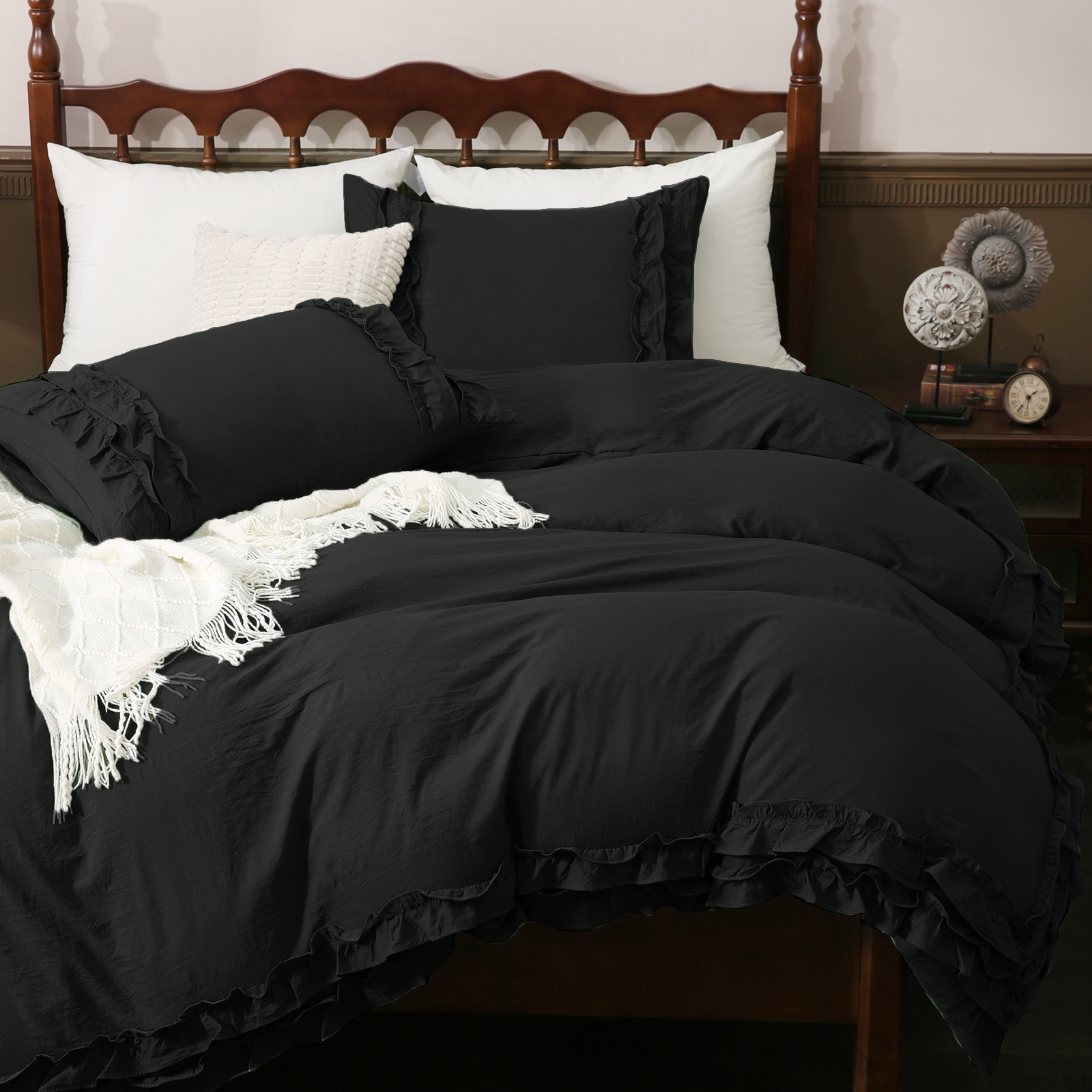 White Ruffle Duvet Cover Set Queen Size Shabby Chic Bedding Set Ruffled Farmhouse Pure White Comforter Cover Boho Duvet Cover Set