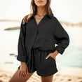 thumbnail image 2 of Lightweight Two Piece Set for Women - Crop Top & Lounge Shorts, 2 Piece Outfits For Women Shirt Sets Long Sleeve Button Down Oversized Shirts And Shorts Summer Fall Two Piece Tracksuit, 2 of 5