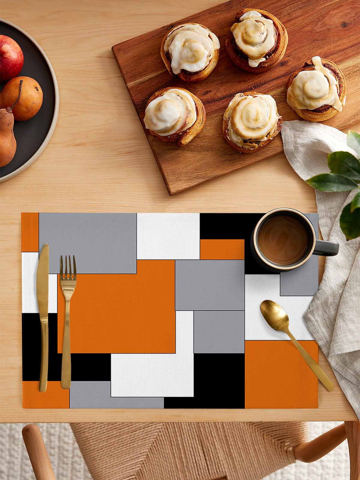 Orange Black Grey Placemats Set of 4, Middle Century Irregular Geo Abstract Art Placemats for Dining Table, Place Mats for Kitchen Tabletop, Waterproof Wipeable Dining Table Mats Set