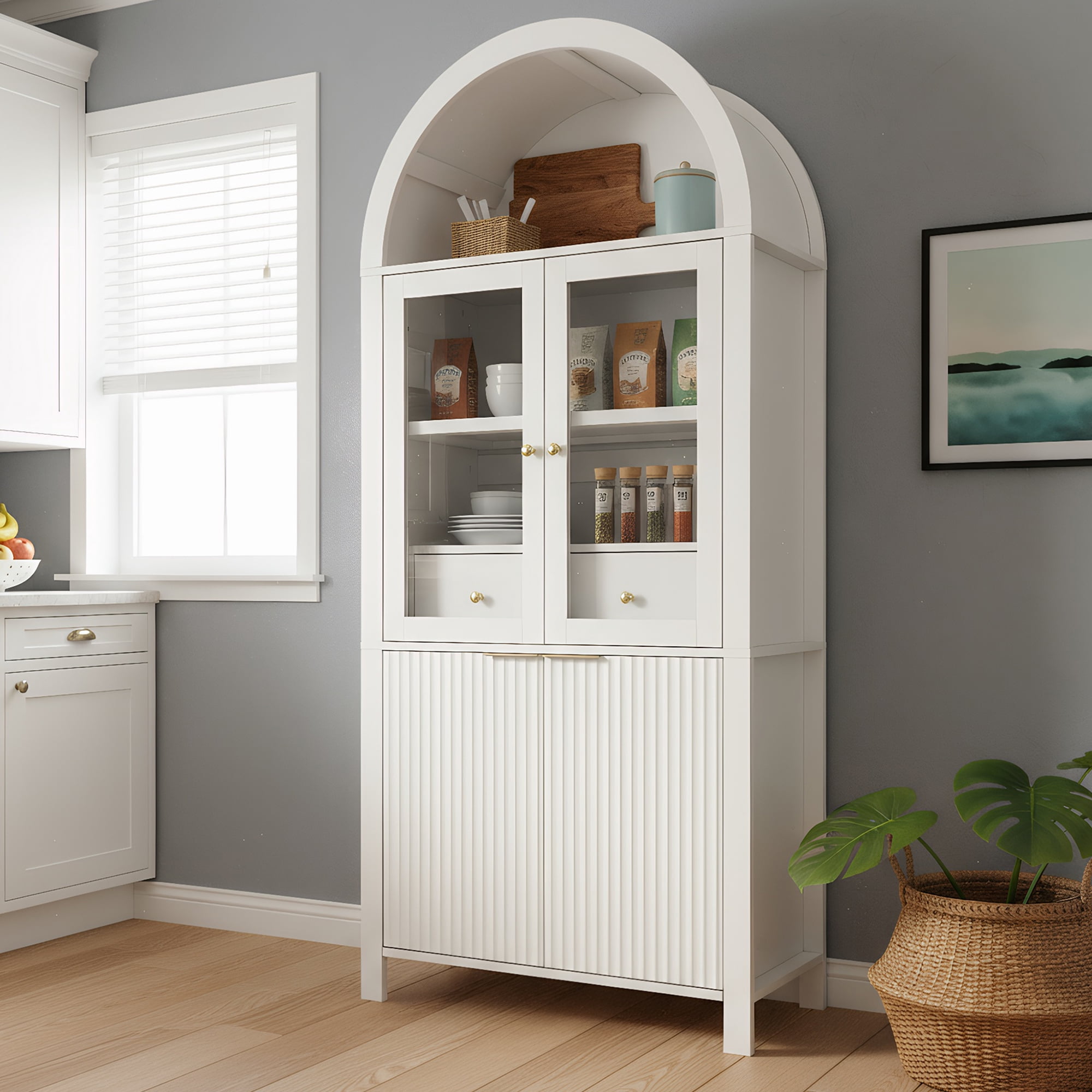 Mintazer 71" Fluted Tall Arched Kitchen Pantry Cabinet with Adjustable Shelves, Freestanding Storage Cabinet with Glass Doors & Drawer for Kitchen Living Room Dining Room, White