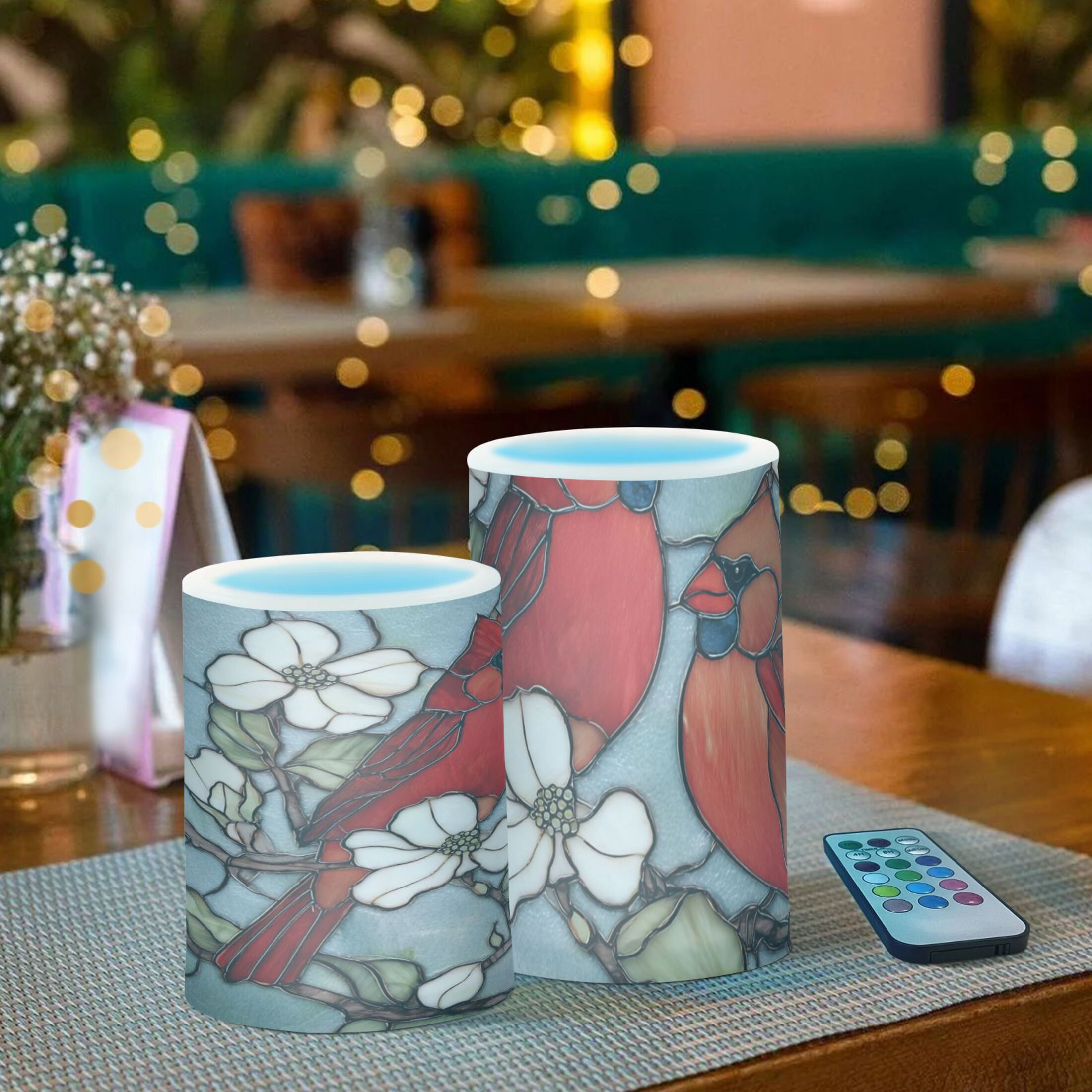 Two Cardinals Perched on A Dogwood Flower Flickering Flameless Candles Battery Operated with Remote Timer LED Pillar Candles Set of 2