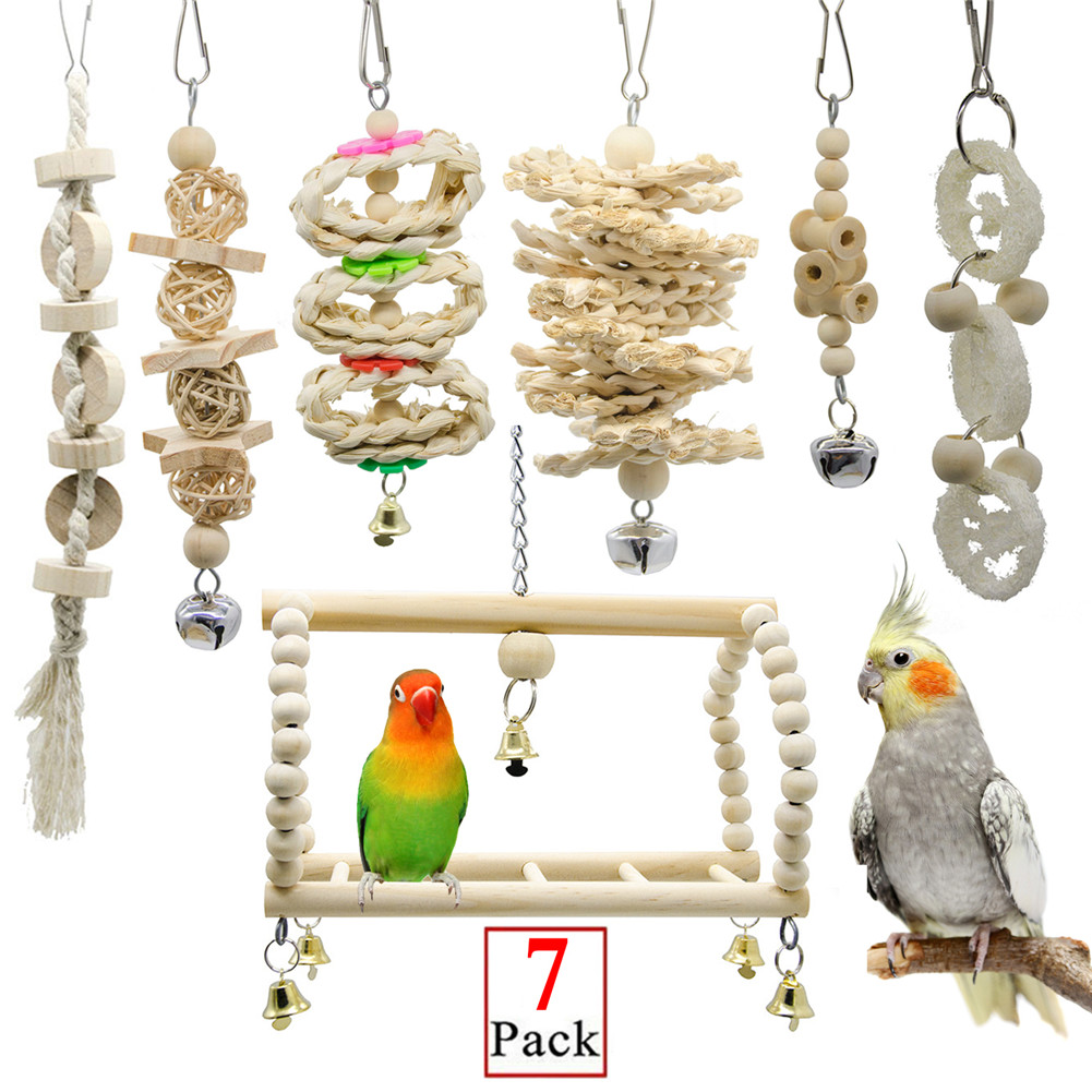 Bird Parrot Toys Wooden Swing Chewing Hanging Bell Bird Cage for