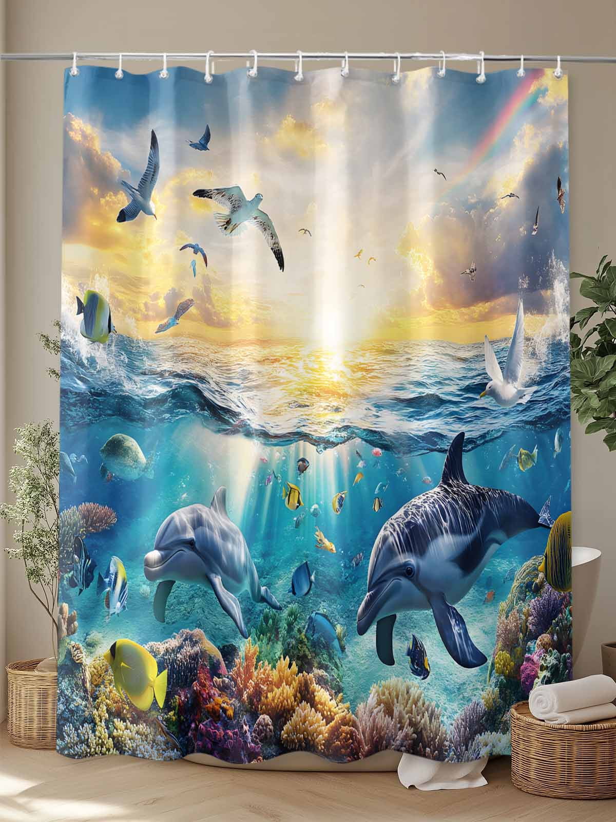 Tropical Coastal Shower Curtain, Ocean Animal Dolphin Fish Bird Bathroom Decor Curtains Set with Hooks, Blue Waterproof Fabric Home Accessories， 72 X 78 Inch Long
