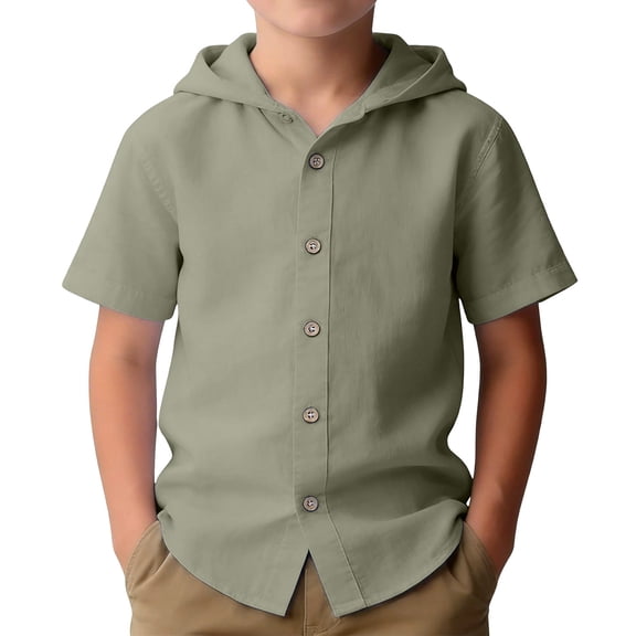 QUOTAY Boys V Neck Short Sleeve Button Up Cardigan for Kids Casual Summer Breathable Beach Open Front Shirt Casual Tops 02_Army Green,120