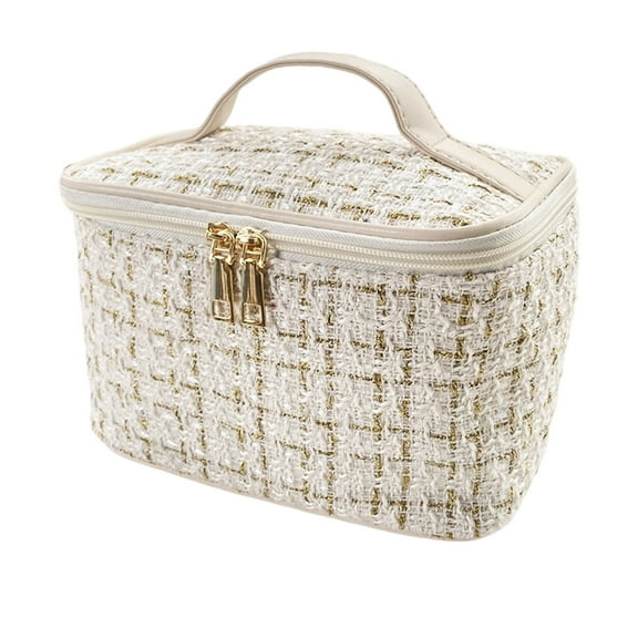 SIYTUAU Large Capacity Makeup Bag Travel Cosmetic Organizer Beige Portable Wash Bag With Handles 8.3 X 4.9 X 5.9 Inches Beige