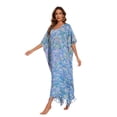 thumbnail image 3 of Beautybatik Cerulean blue Women Hand Blocked Batik Rayon Caftan Kaftan Loungewear Maxi Plus Size Long Dress 1X, 3 of 5