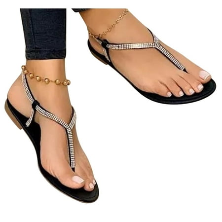 

YanHoo Women s Slide Sandals - Rhinestone Dressy Bohemian Slip On Flat Sandals Cute Low Wedge Flip Flop Thong Summer Open Toe Sandal Shoes