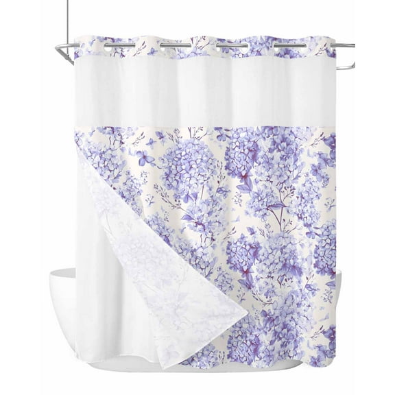 No Hook Cloth Fabric Shower Curtain with Snap in Liner, Purple Floral Waterproof Shower Curtains Set with See Through Top Window, Hydrangeas Flower Spring Summer Botanical Bath Curtains 72"x78"