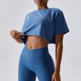 thumbnail image 4 of Camiseta para correr para mujer, manga corta, Color puro, cuello redondo, algodón transpirable, Top de trabajo, azul, 10/M, 4 of 7