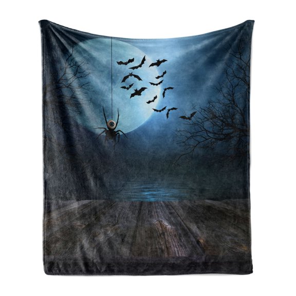 Halloween Soft Flannel Fleece Blanket, Misty Lake Scene Rusty Wooden Deck Spider Eyeball and Bats with Ominous Skyline, Cozy Plush for Indoor and Outdoor Use, 60" x 80", Blue Brown, by Ambesonne