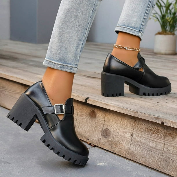 Adult Women Shoes Wooden Sole Shoes with Heels Women s Fashion Round Head Belt Buckle Single Shoes Chunky High Heels Casual Shoes Female
