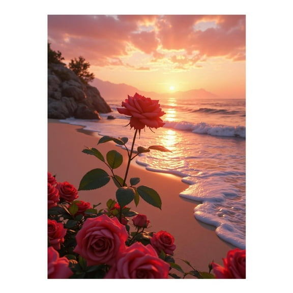 Diamond Art Kits for Adults, Sunset Beach Roses Waves 5D Diamond Painting Kits for Adults Beginners, DIY Full Drill Diamond Painting, Gem Art and Crafts 12x16