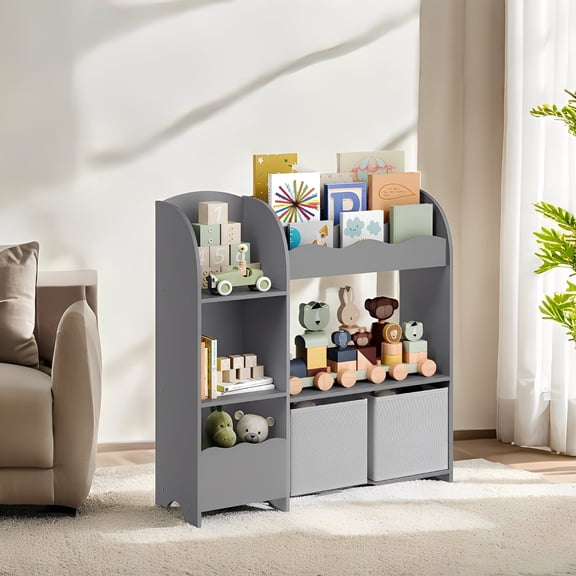 LEDREM 3-in-1 Kids Bookshelf & Toy Organizer with 2 Storage Bins , Multi-Functional Storage Rack for Bedroom , Playroom , Nursery , Dove Gray