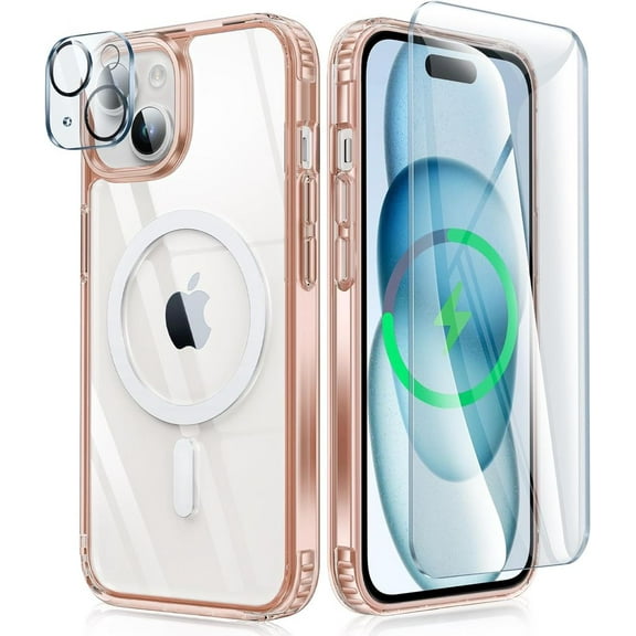 iPhone 15 Case: Support Magnetic Charging Military Grade Drop Protection Anti Yellowing Cell Phone Cover - Rugged Durable Shockproof Protective Bumper - 6.1 Inch (Pink Clear)