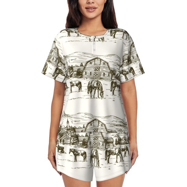 Balery Horses Grazing On Meadow Conjunto de Pijama para Mujer con Estampado, Dos Piezas de Manga Corta y Shorts, Ropa de Dormir Suave con Cuello Redondo y Bolsillos-X-Large