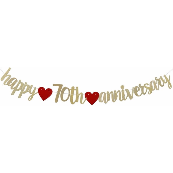 Happy 70th Anniversary Banner, Gold Glitter with Red Hearts, Party Decoration