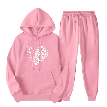 aohooy Hoodie Sets Women 2 Piece Outfits Womens Sweatsuits 2 Piece Sets Heart Graphic Long Sleeve Drawstring Hoodie Pullover Outfits Sweatshirt Cute Trendy Lounge Sweat Set Pink M