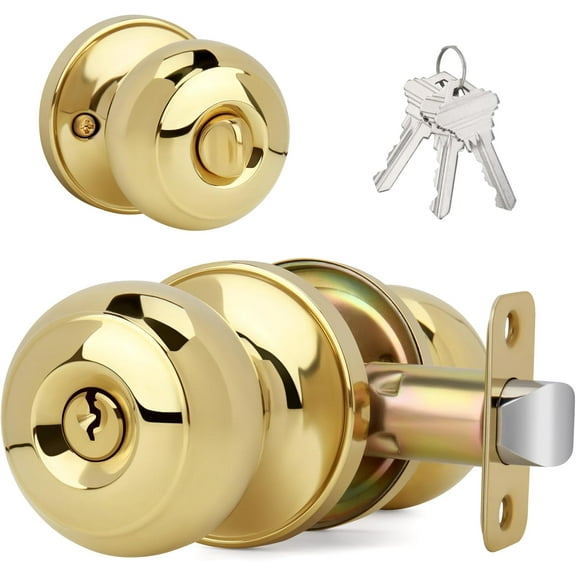 Flat Ball Door Knob with Keys and Lock, Keyed Entry Round Design Doorknob for Front/Entrance Doors, Polished Brass Finish Polished Brass 1 Pack