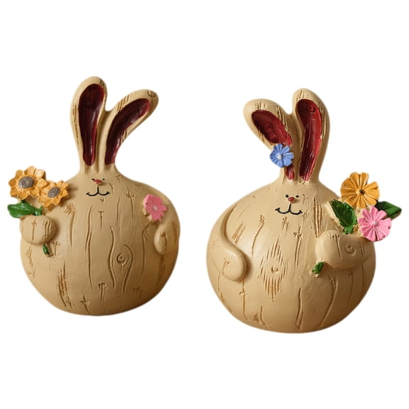 Rustic Rabbit Resin Bunny Figurine with Flowers, A Set of 2 Rabbit Decor, Easter Bunny Rabbits, Easter Decorations for Home, Cute Long Ear Rabbit Statue for Home Office Living Room Decor