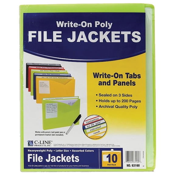 C-Line Write-On Poly File Jackets, Letter Size, Assorted Colors, Pack of 10