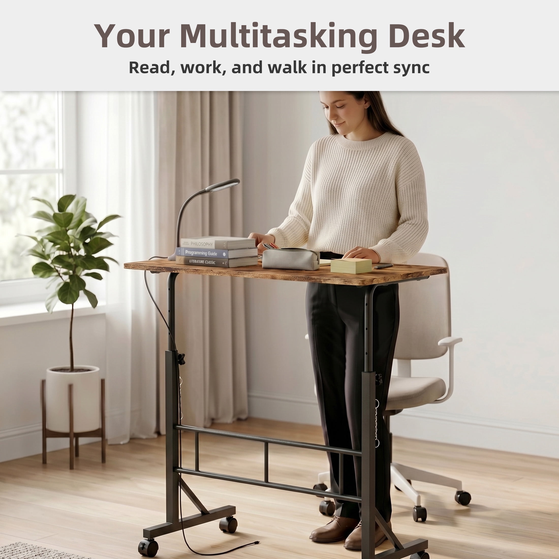 CONCETTA Adjustable Height Mobile Standing Desk with Wheels, 16"x31.5" Small Rolling Computer Desk for Home Office, Rust