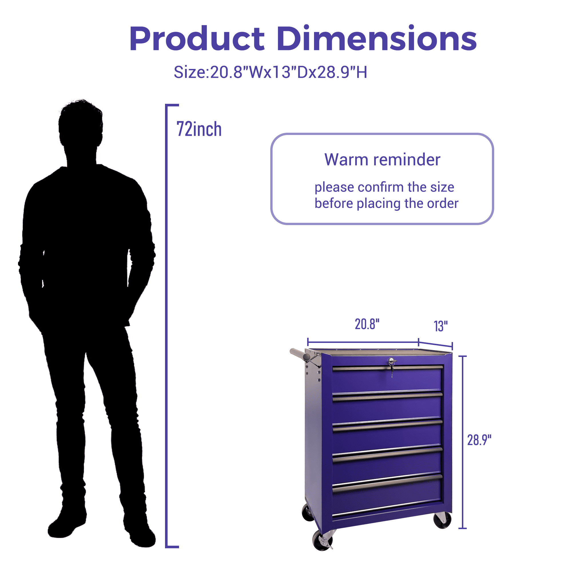 Rolling 20-Inch Metal Tool Chest with 5 Drawers and Ball Bearing Slides, Steel Tool Cabinet for Garage and Workshop, Purple