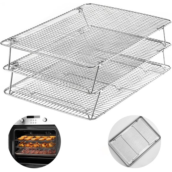 Rejilla de enfriamiento plegable de acero inoxidable para hornear, 3 niveles, 30 x 42 cm, apta para horno y lavavajillas, con media bandeja, apilable, para galletas, pizzas y pasteles.