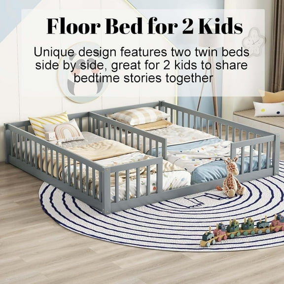Bellemave Twin Floor Bed for 2, Wood Double Floor Bed with Fence, Two Montessori Bed Side by Side for Bedroom (Gray)