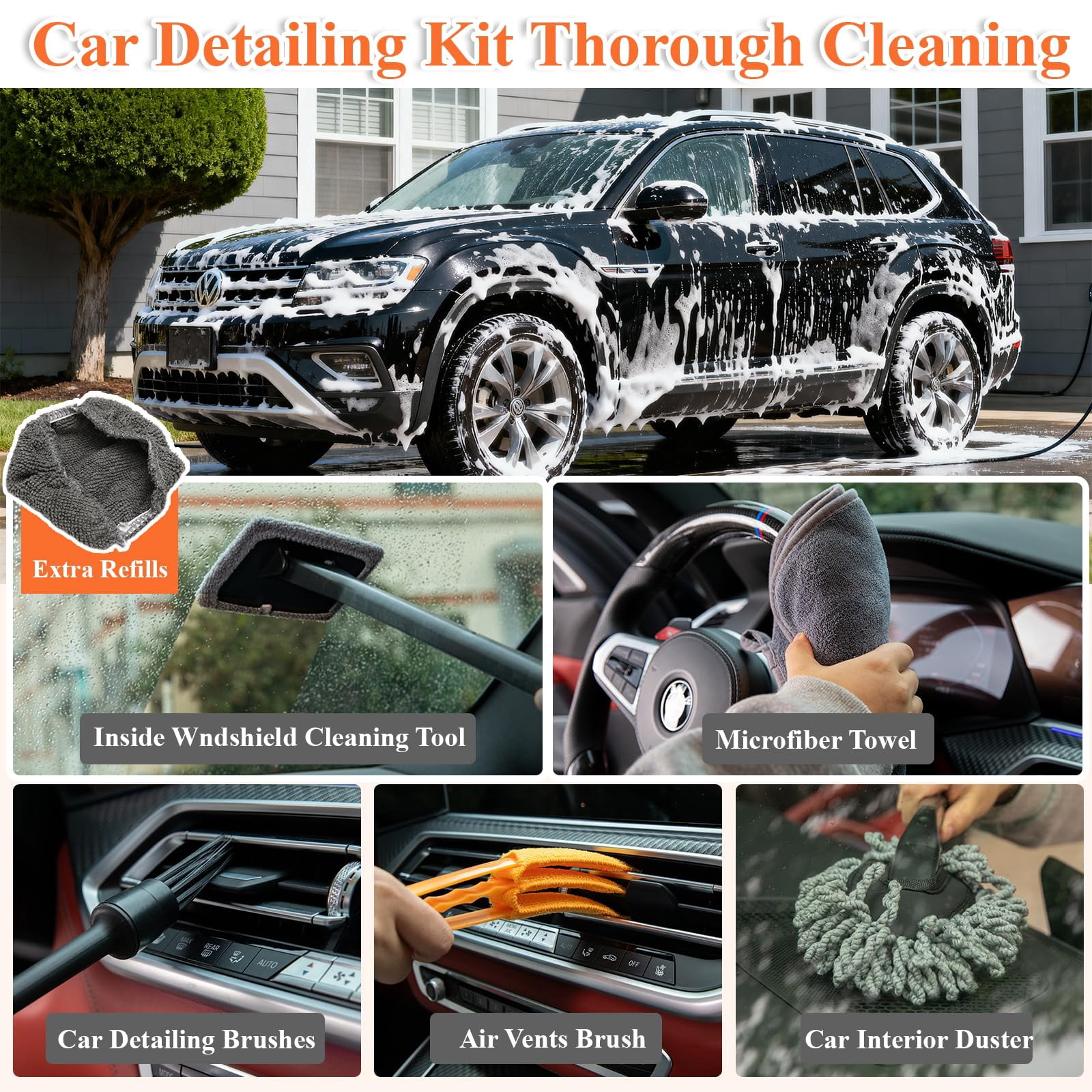 21Pcs Car Wash Kit with 60" Heavy-Duty Extension Pole, Soft Car Wash Brush, Wheel & Tire Brush, Scratch-Free Car Mop Mitt & Window Squeegee, Detailing Tool for Car Exterior & Interior Cleaning