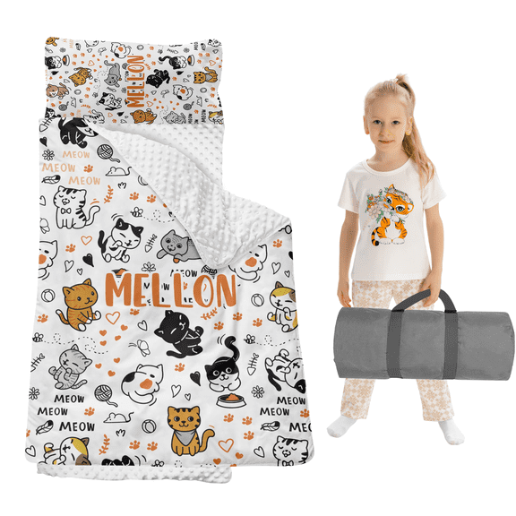 Gresahom Personalized Toddler Sleep Mat, Child Sleeping Bag for Preschool Girls and Boys, Orange Cats Kids Nap Mat with Pillow and Blanket, Custom Back to School Gift